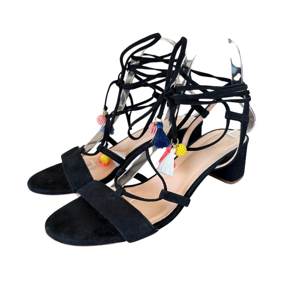 J. Crew Suede Lace-Up Sandals with Beaded Tassels Block Heel Size 9